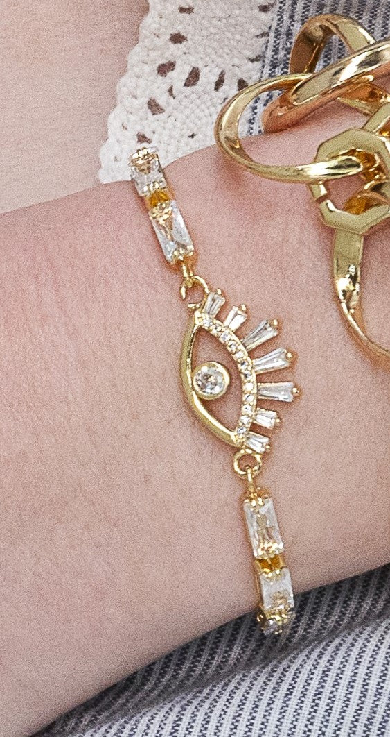 Rectangular Crystal Tennis Evil Eye Bracelet