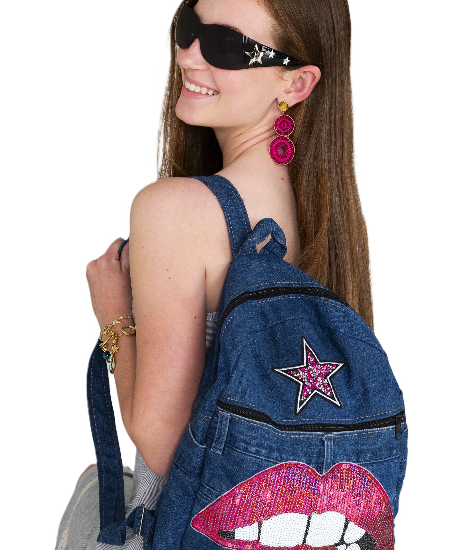 Fuschia and Purple Double Drop Stainless Steel Earrings